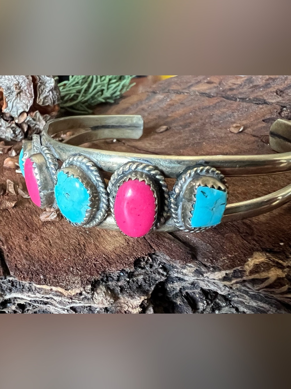 Navajo Coin Silver Bracelet Cuff Blue Turquoise Red Coral XL - Picture 4 of 10